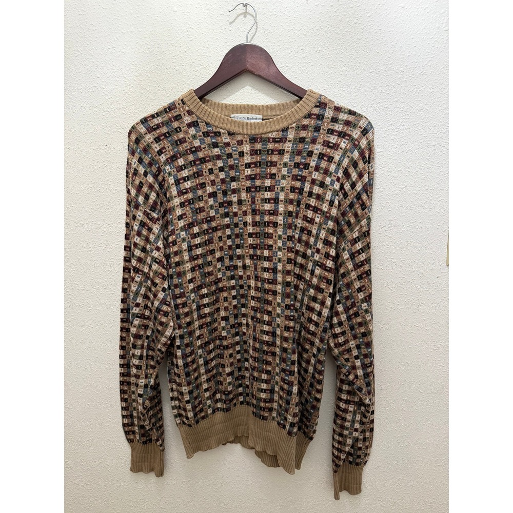 Tricots St. Raphael Mens Vintage Geometric Knit Sweater Made in USA Tan *FLAWED*